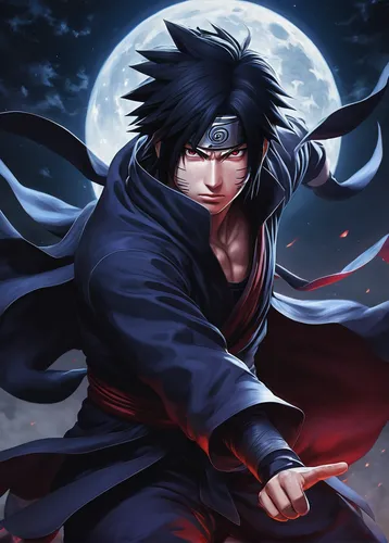 In the moonlit night, Uchiha Sasuke's Sharingan pierces through the shadows, as he relentlessly pursues his enemy.,nine-tailed,shinigami,kenjutsu,howl,sōjutsu,iaijutsu,ninjutsu,shinobi,black crow,xing