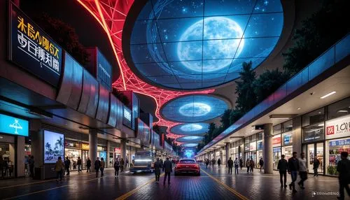 Vibrant bus station, angular futuristic forms, bold geometric shapes, metallic materials, neon lights, dynamic curves, urban landscape, busy streets, crowded platforms, rushing passengers, digital dis