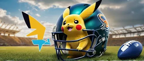 Pokémon NFL mashup, colorful Pikachu wearing football helmet, holding American football, dynamic pose, muscular arms, vibrant yellow fur, blue eyes, detailed fur texture, Chicago Bears logo on helmet,