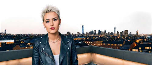 Individualist, confident pose, solo, strong facial features, short spiky hair, bold makeup, tattoos on arms, ripped denim jeans, black leather jacket, silver chain necklace, urban background, cityscap