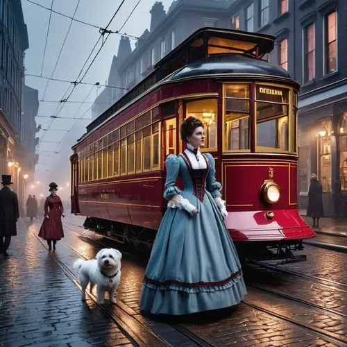 streetcar,street car,girl with dog,victorian lady,tram,girl in a historic way,Photography,General,Realistic