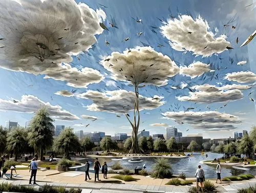 sky space concept,cloud towers,cloud mushroom,urban park,urban design,flying seeds,lafayette park,futuristic landscape,virtual landscape,flying dandelions,artificial islands,cartoon forest,central park,salt meadow landscape,environmental art,clover meadow,herman park,smart city,cosmos field,artificial island