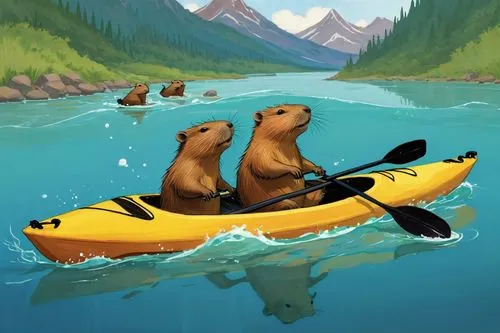 kayakers,kayaks,otters,kayaking,canoeing,kayak,Illustration,Paper based,Paper Based 17