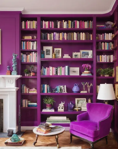 bookshelves,purple wallpaper,book wall,bookcase,purple,wall,the purple-and-white,bookshelf,purple and pink,rich purple,mauve,purple cardstock,purple frame,violet colour,reading room,purple background,modern decor,interior design,great room,color wall,Illustration,Paper based,Paper Based 17