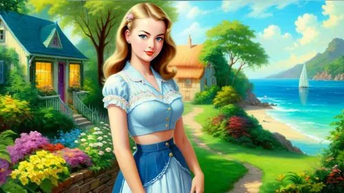 Romantic masterpiece oil painting, cute girl portrait, nostalgic 1950's style kitsch, vibrant seaside cottage landscape, lush tropical paradise, summer beach scenery, by Thomas Kinkade, by Bob Ross,la