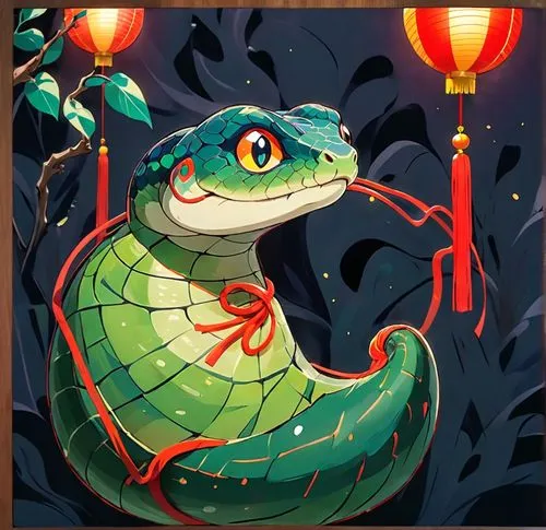 一隻小蛇抱著葫蘆，中國新年風格,a green snake sitting on top of a tree next to lanterns,emerald lizard,quetzalcoatl,lagarto,ameiva,constellation snake bearer,basiliscus,Anime,Anime,Realistic