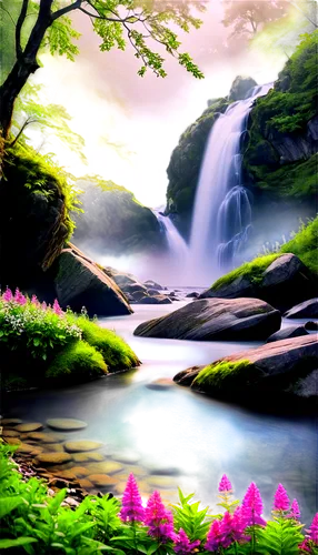 Serene natural landscape, misty mountains, lush green forest, vibrant wildflowers, tranquil river flowing, gentle waterfall cascading, rugged stones, morning fog, warm sunlight filtering through trees