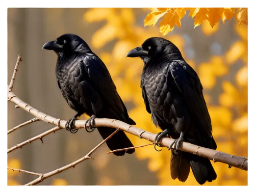 Crow, perched on branch, black feathers, glossy beak, sharp eyes, autumn leaves background, afternoon sunlight filtering through, warm color tone, shallow depth of field, 3/4 composition, cinematic li