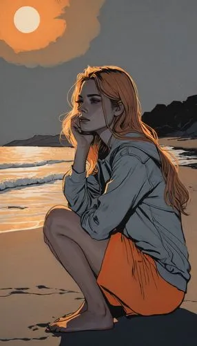 annabeth,worried girl,lamenting,melancholia,serene,longing,eilonwy,depressed woman,melancholy,on the shore,burkard,girl on the dune,orange sky,digital illustration,contemplatively,palmiotti,laureline,sad woman,stranded,crestfallen,Illustration,Black and White,Black and White 12