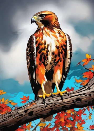 A Red Tailed Hawk sitting on top of a tree,red tailed hawk,red tail hawk,bird painting,autumn background,autumn icon,red-tailed hawk,red shouldered hawk,hawk animal,eagle illustration,fox sparrow,redt