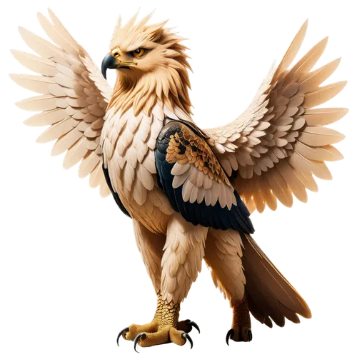 Griffin, mythological creature, lion body, eagle head, sharp beak, piercing eyes, fluffy mane, feathered wings, strong claws, regal posture, standing proud, morning sunlight, soft focus, shallow depth