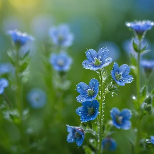 Wild flowers (blue, speedwell) after a rain shower, sharp focus with raindrops, light pastel shades, airy, photo, sparkling, bokeh, blurred background, aesthetically pleasing, beautiful, realistic, cl