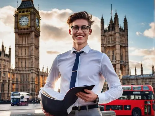 Modern British architecture graduate, male/female, 20-25 years old, smiling face, glasses, neat hair, suit jacket, white shirt, black trousers, holding a portfolio, standing in front of a UK cityscape