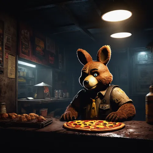 animatronic bear, Freddy Fazbear, glowing eyes, standing pose, menacing, animatronic rabbit, Bonnie, crouched position, animatronic chicken, Chica, side glance, animatronic fox, Foxy, peeking out, tat