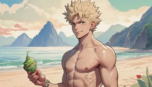 one man with spiky blonde hair and red eyes who looks like Bakugou with clear skin, dressed in swimsuit, in his right hand holding a single small green cupcake with one tiny birthday candle on top and