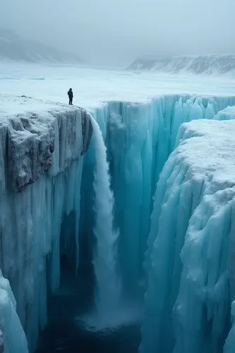 北極冰山斷崖,有一條細長的瀑布,斷崖上站著渺小的人,person standing on top of an ice - covered cliff,icefalls,icefall,ice castle,ice landscape,glacial melt,crevasse