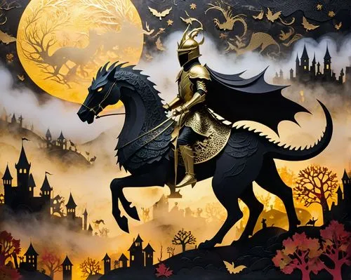 bronze horseman,wallachia,shahnameh,buraq,black horse,halloween background,arthurian,wolfsfeld,simorgh,dragonlance,bucephalus,samhain,anubis,herennius,golden unicorn,fantasy art,irminsul,sleipnir,halloween illustration,beleriand,Unique,Paper Cuts,Paper Cuts 07