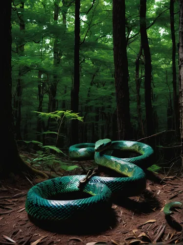 In a dark and haunted forest, a venomous snake slithers silently.,blue snake,green snake,green tree snake,tree snake,pointed snake,eastern indigo snake,smooth greensnake,kingsnake,sharptail snake,east