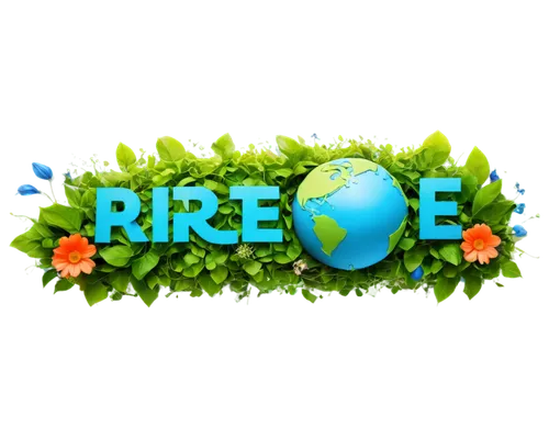 Earth Day banner, horizontal layout, blue and green colors, globe in center, surrounded by lush greenery, vines and leaves, recycling symbol, reduce reuse recycle text, colorful flowers blooming, soft