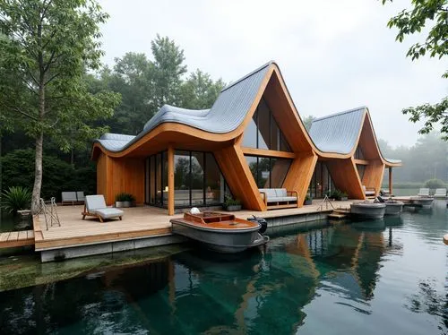 Expressive boathouse, irregular shapes, bold color blocking, playful textures, reflective metal accents, wavy rooflines, asymmetrical compositions, dynamic water reflections, rippling lake surfaces, l