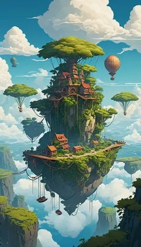 Game Scene Design, wild Angle View,mushroom island,mushroom landscape,floating island,floating islands,skylands,fantasy landscape,flying island,island suspended,futuristic landscape,meteora,bird kingd