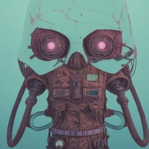 Color the drawing in post-apocalyptic, cyberpunk, vaporwave style,M.A.R.K-13 / Hardware 1990,diving helmet,diving bell,maschinen,aquanaut,respirator,barotrauma,Photography,General,Realistic