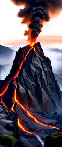 Volcano, majestic landscape, erupting, smoke clouds, lava flowing, rugged terrain, rocky cliffs, misty atmosphere, dramatic lighting, low angle shot, cinematic composition, warm color tone, high contr