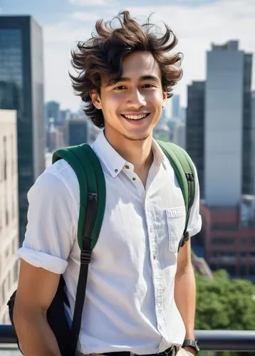 Summer intern, young adult, male, casual wear, white shirt, black jeans, sneakers, backpack, laptop, notebook, pencils, smiling face, bright eyes, messy hair, standing, modern architecture, glass wall