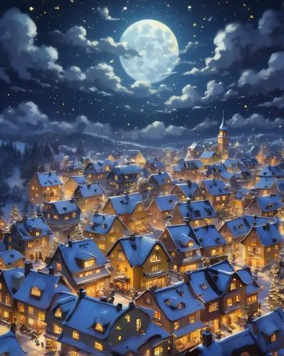 santa's village,aurora village,night scene,escher village,winter village,moonlit night,Illustration,Japanese style,Japanese Style 19