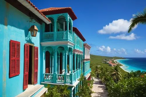 Antiguan architectural design works, colorful Caribbean buildings, colonial-style wooden houses, ornate balconies, vibrant turquoise shutters, red-tiled roofs, intricate stone carvings, tropical plant