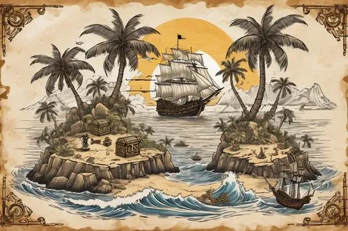 doubloons,sailing ships,pirate ship,sea sailing ship,sail ship,caravel,sailing ship,pirate treasure,polynesia,whydah,latitudes,south pacific,galleon,treasure map,castaways,sea fantasy,austronesian,three masted sailing ship,shiploads,fireships,Illustration,Paper based,Paper Based 30