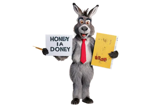 Donkey, funny facial expression, big teeth, grey fur, long ears, bright eyes, fluffy hair, standing on hind legs, front legs bent, holding a sign, comical pose, cartoon style, warm lighting, shallow d