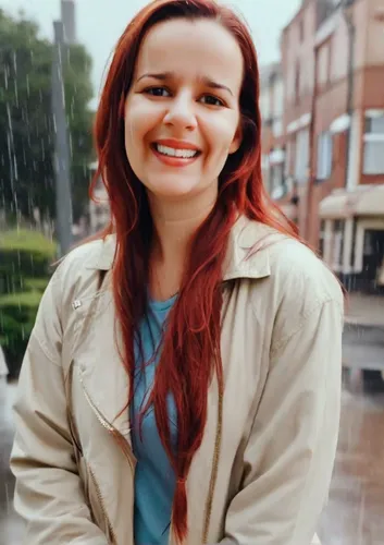 Woman with dark brown eyes, long red hair, elegant, wearing casual clothes,in the rain,redhair,red hair,maci,red-haired,walking in the rain,riopa fernandi,ginger rodgers,ariel,raincoat,british actress