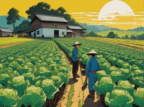 chinese cabbage,yamada's rice fields,vegetable field,chinese cabbage young,vegetables landscape,farm workers,pak-choi,agroculture,picking vegetables in early spring,savoy cabbage,farming,agriculture,agricultural,field cultivation,rice cultivation,farmers,stock farming,organic farm,daikon,rice fields,Illustration,Black and White,Black and White 10