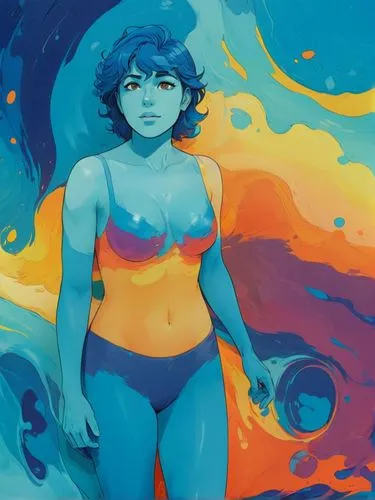 A close-up shot with blue shadows blurring up a swirling mass of colors across a close-up shot.,a woman standing in front of a colorful swirl background,lapis,lazuli,oceanian,tanzanite,ocean,blue pain