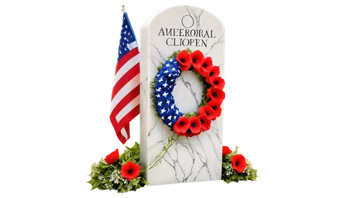 American flag, Memorial Day, solemn atmosphere, wreath, poppy flowers, white marble tombstone, fallen soldier statue, cloudy blue sky, soft focus, cinematic lighting, 3/4 composition, shallow depth of