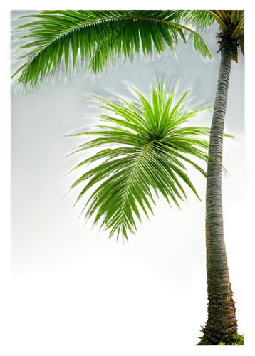 Tall palm tree, tropical atmosphere, vibrant green leaves, curved trunk, coconut fruits, exotic flowers, morning mist, soft warm light, 3/4 composition, shallow depth of field, bright color tone, cine