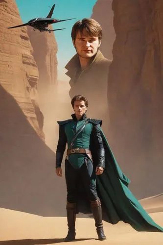 The movie Dune atreides in a black and green uniform with glowing blue eyes against a desert background and an ornithopter and black banner with a red eagle,viewing dune,luke skywalker,guards of the c