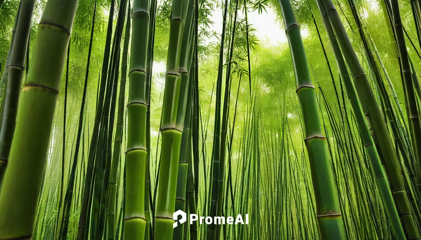 bamboo forest, serene atmosphere, multiple bamboo stalks, green leaves, detailed texture, natural patterns, sunlight filtering through, peaceful, outdoor scene, wide-angle shot, vibrant colors, misty 