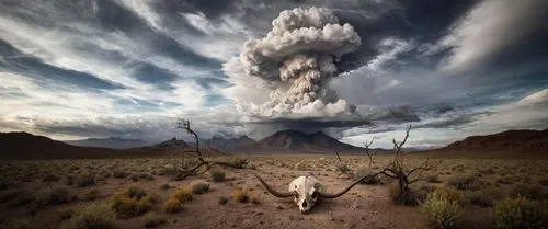 пусто,a large horned animal that is standing in the dirt,volcanic landscape,albuquerque volcano park,active volcano,volcanic activity,volcanically,the volcano