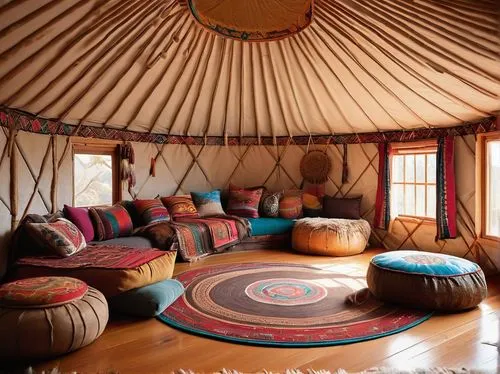 Cozy yurt interior, Mongolian style, warm beige fabric walls, colorful traditional patterns, soft warm lighting, wooden flooring, plush sheepskin rug, minimal furniture, low seating, woven baskets, vi