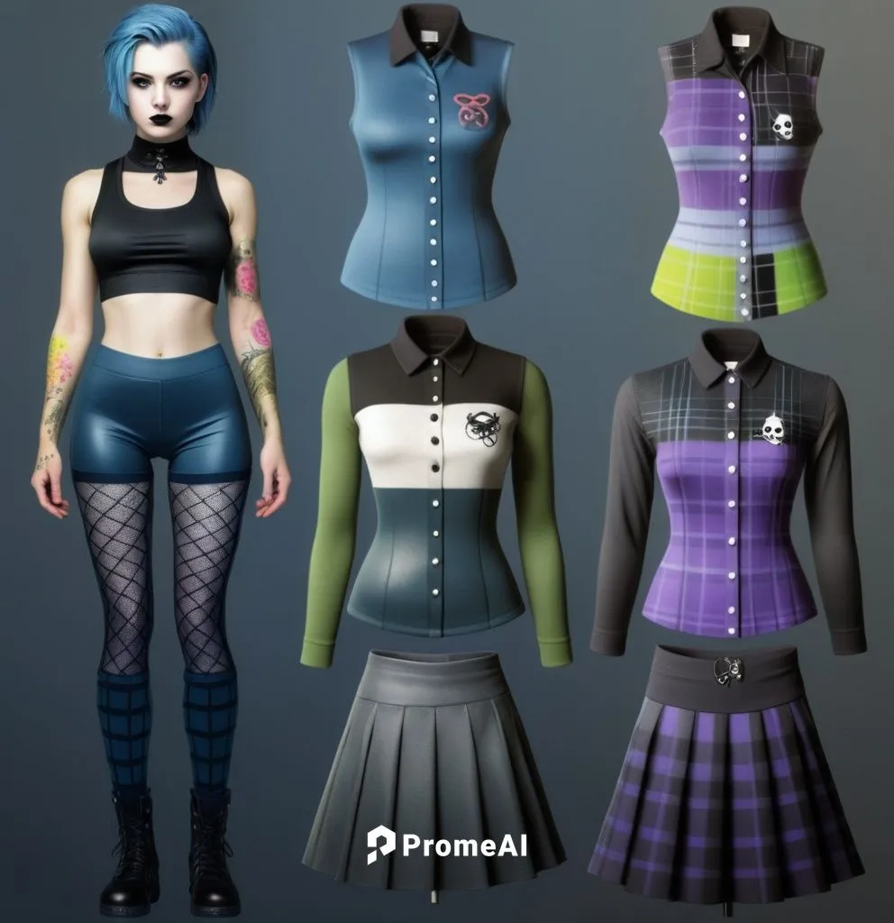 Paper doll goth blue haired girl in black spandex shorts, black sleeveless shirt ,black spandex shorts, complete full length fishnet and black goth knee Boots, standing surrounded by with a set of got