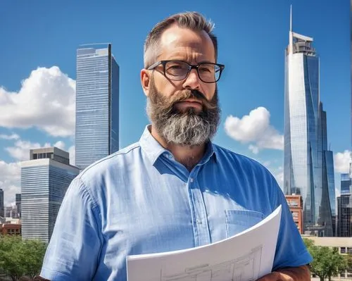 Middle-aged, male, bushy beard, glasses, neat haircut, casual wear, rolled-up sleeves, holding a blueprint, standing in front of a modern skyscraper, urban cityscape, sunny day, clear blue sky, few wh