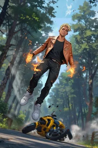 chaqueta de cuero motera,the man is kicking up flames while standing on his knees,hayner,streetfighter,timesplitters,holtzmann,ghostriders,motorstorm