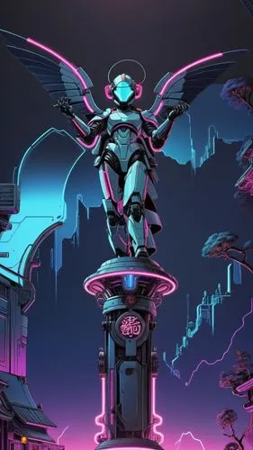 cyborg, robot, cyberpunk, neon, samurai helmet, wire,a neon humanoid on top of a clock tower,darkhawk,cyberangels,songhai,cyberia,silico,darkwing,Illustration,American Style,American Style 09