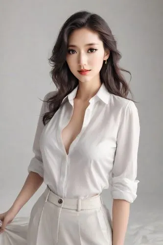 a beautiful lady, in white cotton shirt, full bosom, wavy black hair, normal body proportion,xiaoqing,xiaofei,xuan lian,yangmei,yifei,lianyuan,pakorn,zhiwen,yongqiu,lianwei,heungseon,huiyong,xuebing,x