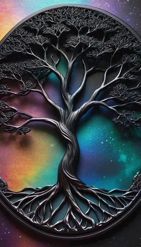 3D black tree of life on an iridescent rugged background,colorful tree of life,tree of life,celtic tree,flourishing tree,yggdrasil,magic tree,fractal art,fractals art,the branches of the tree,circle a