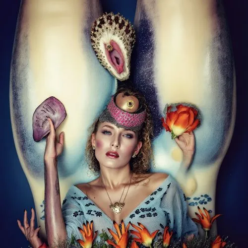 woman with multiple body images holding flowers and shoes,vinoodh,lachapelle,rankin,woman eating apple,alice in wonderland,yasumasa,Photography,General,Realistic