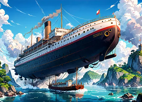 caravel,sea fantasy,ocean liner,airship,airships,air ship,ship releases,voyage,ship of the line,ship travel,galleon,galleon ship,flying island,sea sailing ship,ms island escape,troopship,old ship,pirate ship,scarlet sail,monkey island,Anime,Anime,Traditional