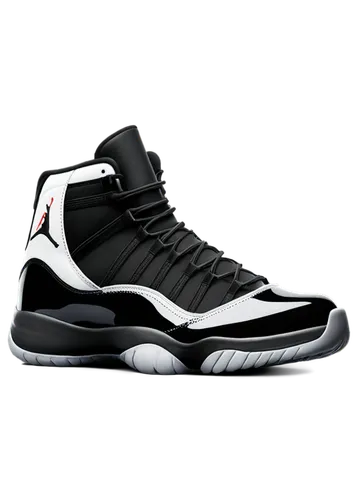 Jordan 11, sneakers, basketball shoes, white and black colors, iconic Jumpman logo, laces, tongue, sole, mesh material, leather texture, shiny finish, close-up shot, 3/4 composition, softbox lighting,